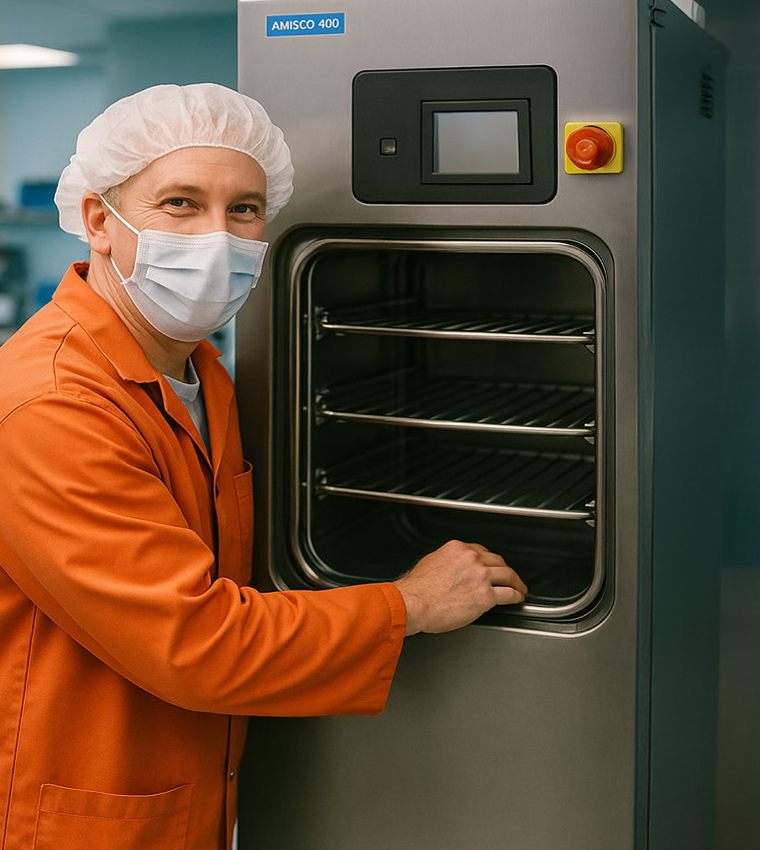 Técnico ao lado de uma autoclave horizontal